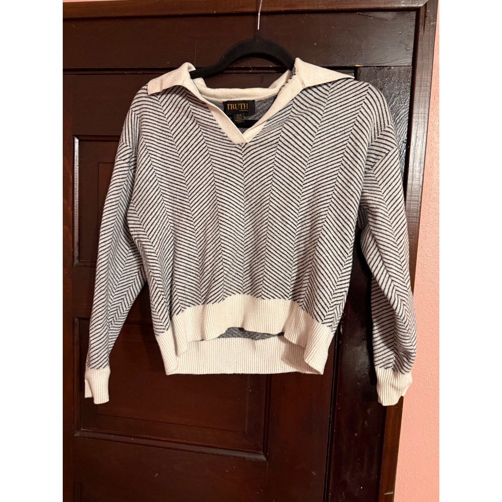 Truth by Republic Womens Black White Striped V-Neck Polo Collar Sweater Size M